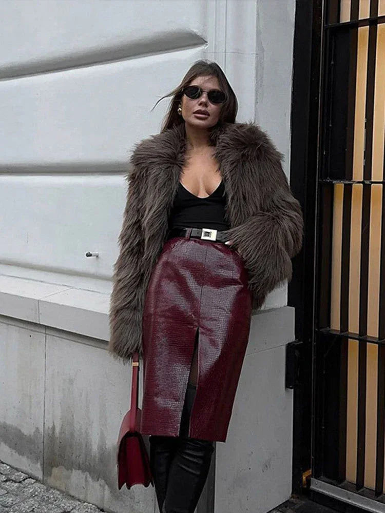 Luxe Dark Taupe Shaggy Faux Fur Jacket - WEUXS