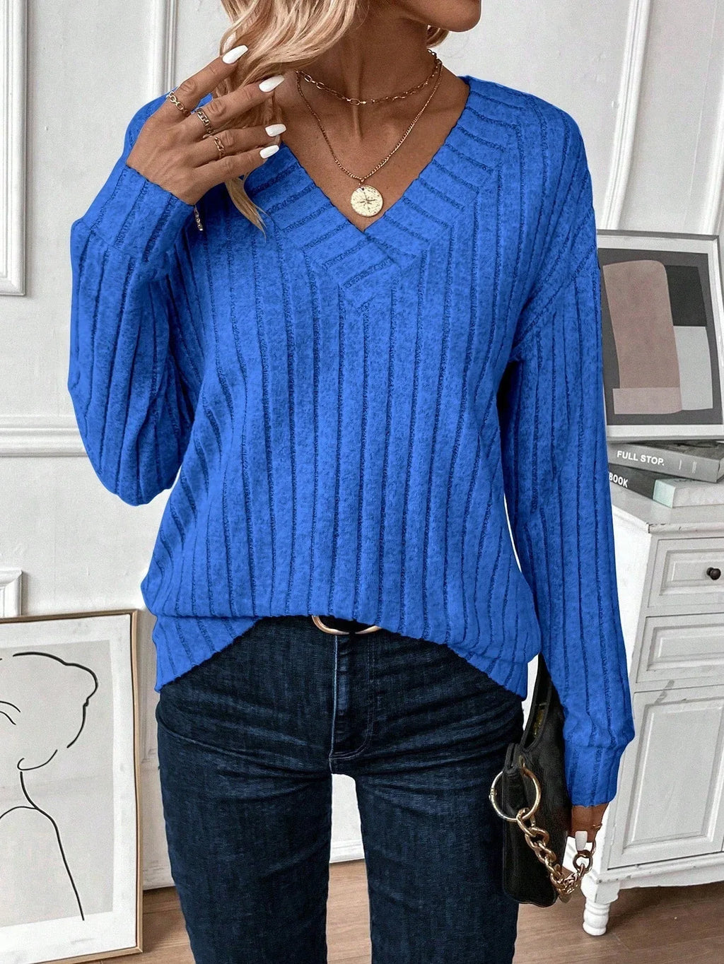Wide ribbed knit V-neck top - View 10 | WEUXS