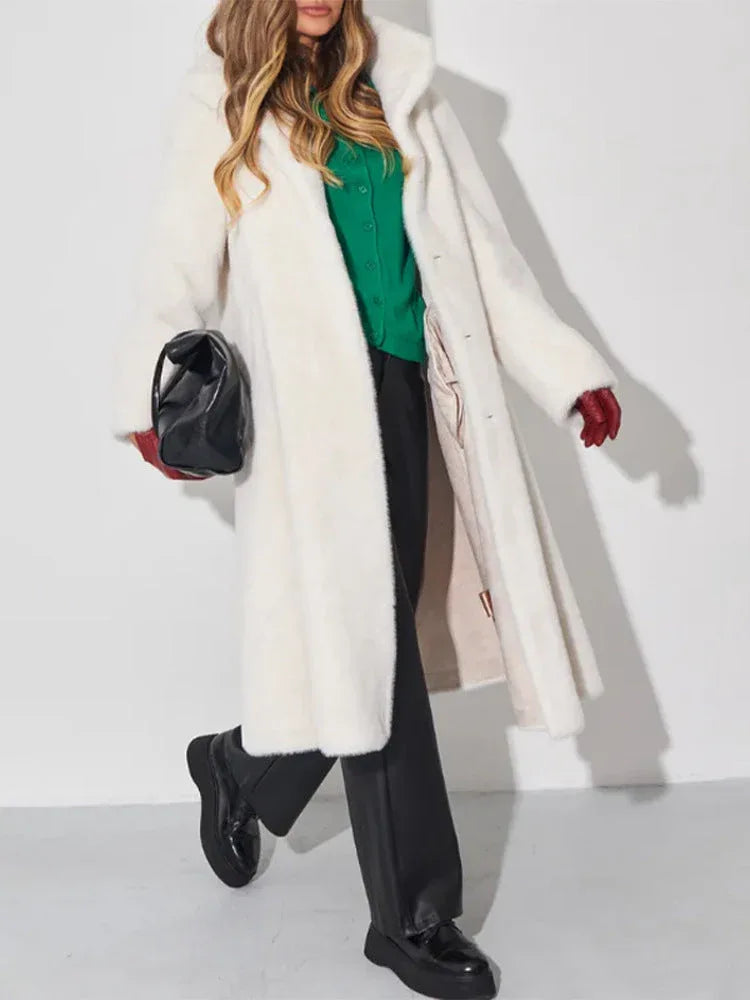 Minimalist White Sheared Faux Fur Long Coat - WEUXS