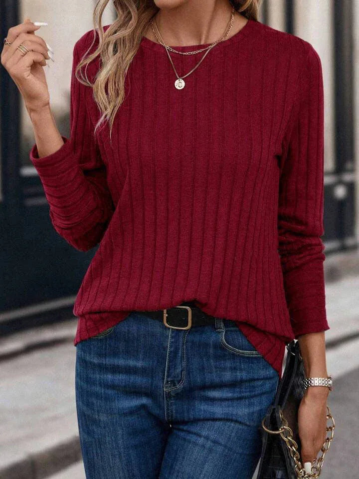 Ribbed Knit Crew Neck Long Sleeve Top - View 10 | WEUXS