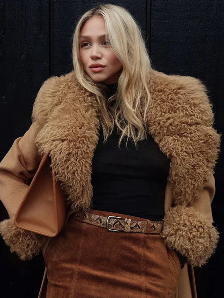 Camel Wool-Blend Midi Coat with Plush Shearling Trim - WEUXS