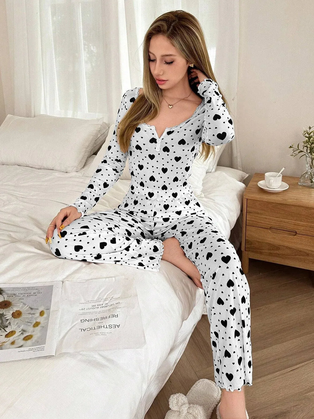 Ribbed Heart Print Pajama Set - View 15 | WEUXS
