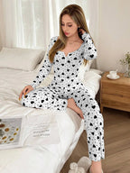 Ribbed Heart Print Pajama Set - View 15 | WEUXS