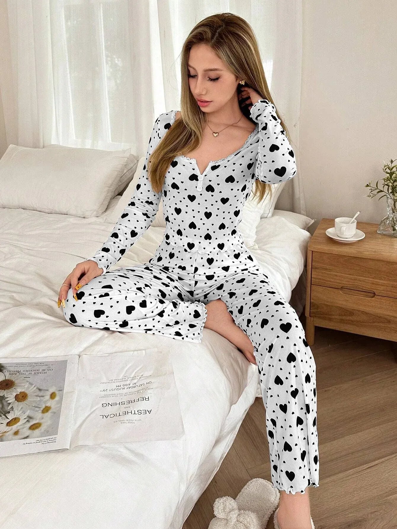 Ribbed Heart Print Pajama Set - View 15 | WEUXS