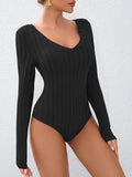 Heather Grey Soft Ribbed Knit V-Neck Long Sleeve Bodysuit - WEUXS