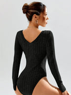 Heather Grey Deep V-Neck Ribbed Knit Bodysuit - WEUXS