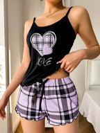 Plaid Heart Print Cami & Shorts Loungewear Set - View 13 | WEUXS