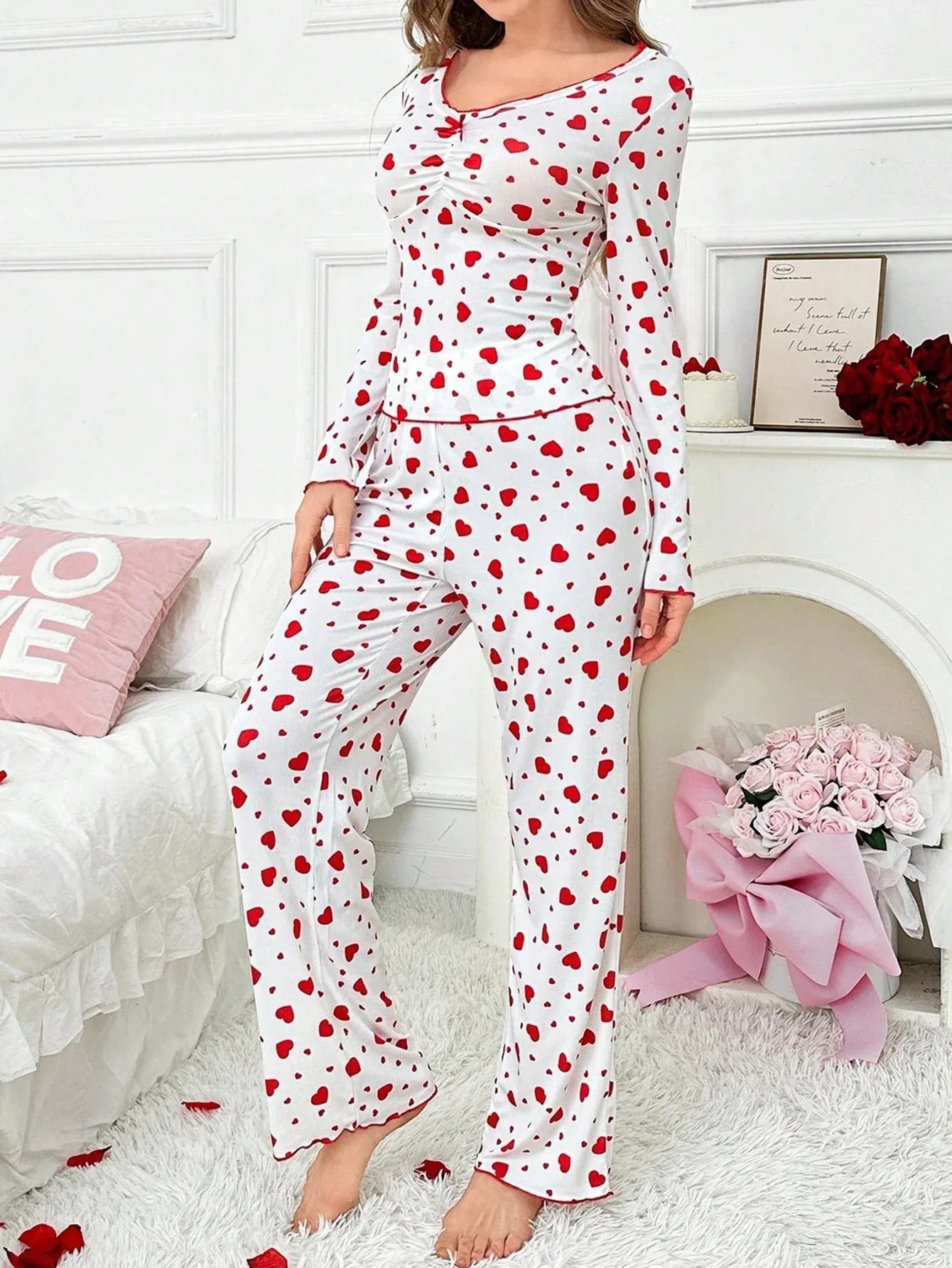 Ribbed Heart Print Pajama Set - View 16 | WEUXS