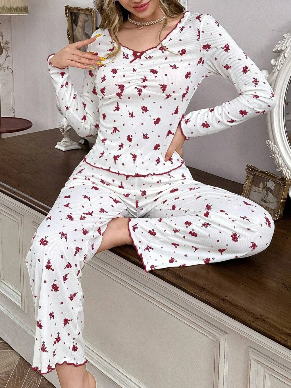 Ribbed knit pajama set with floral print - View 6 | WEUXS