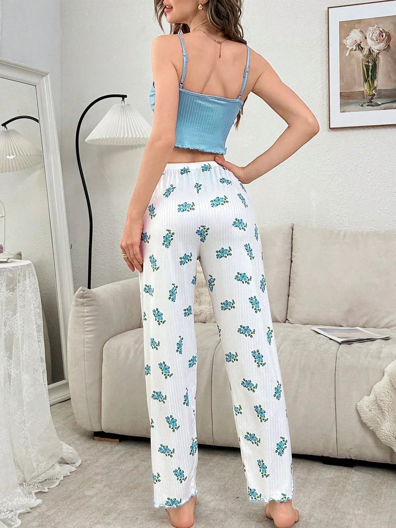 Ribbed Cami and Floral Wide Leg Pants Set - View 12 | WEUXS