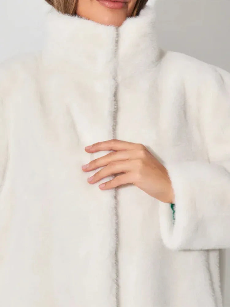 Minimalist White Sheared Faux Fur Long Coat - WEUXS