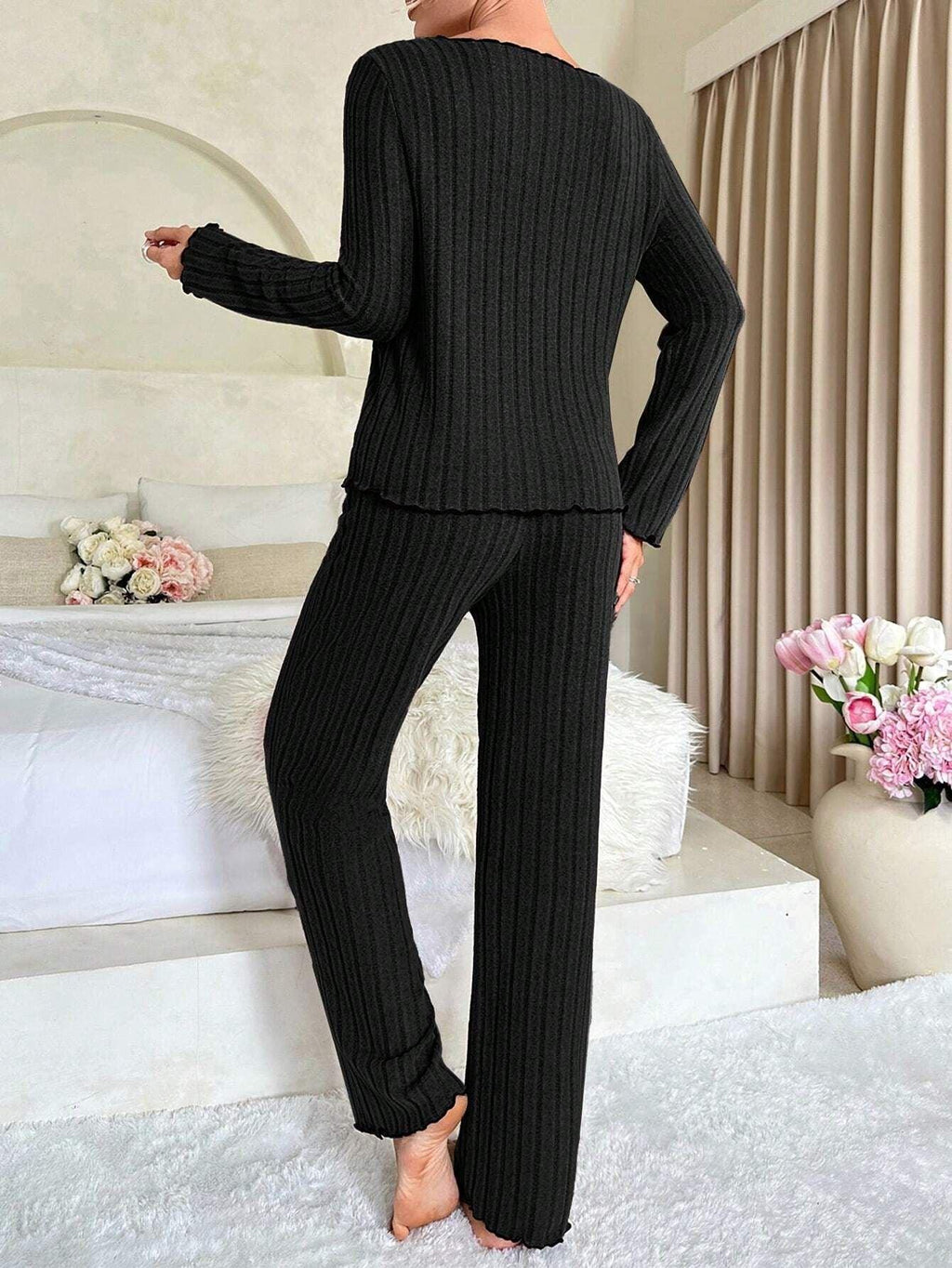 Ribbed Pajama Set with Contrast Trim and Bow - View 9 | WEUXS