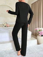 Ribbed Pajama Set with Contrast Trim and Bow - View 9 | WEUXS