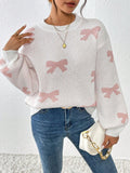 Pink knit sweater with all-over bow pattern - View 6 | WEUXS