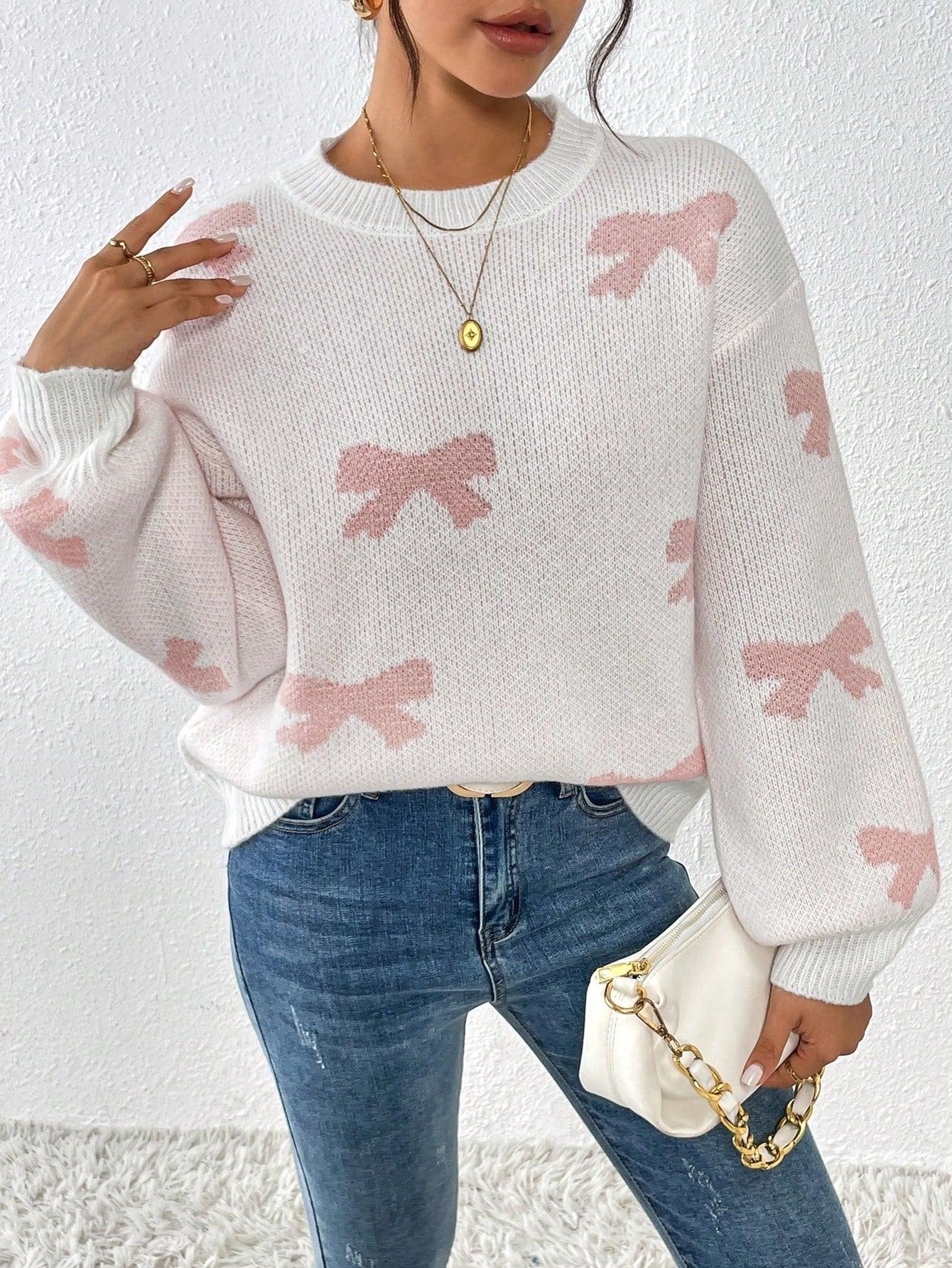 Pink knit sweater with all-over bow pattern - View 6 | WEUXS