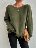 Distressed Raw Hem Oversized Knit Sweater - WEUXS