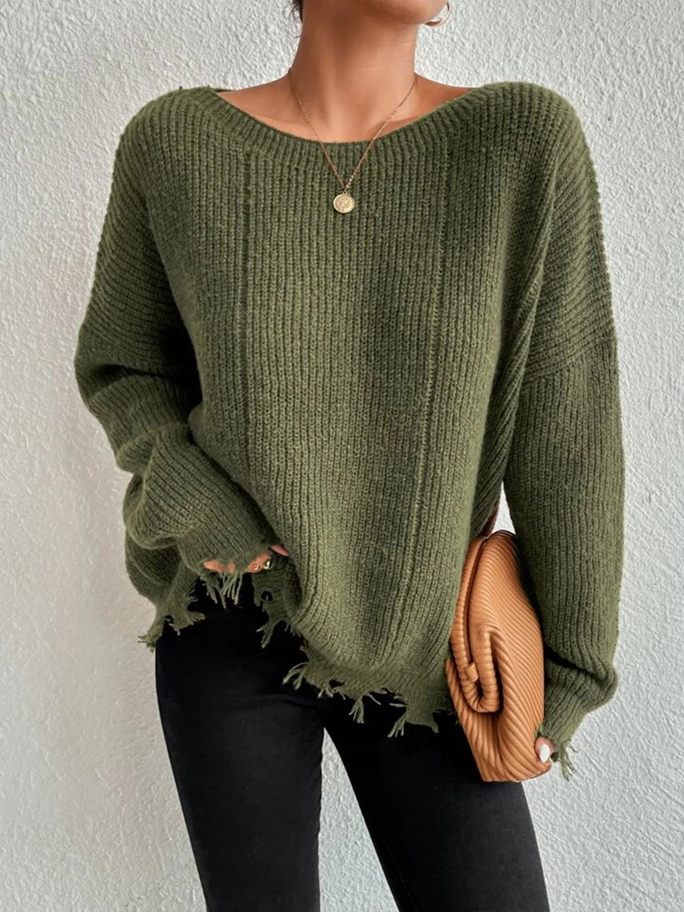 Distressed Raw Hem Oversized Knit Sweater - WEUXS