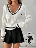 Ivy League V-Neck Cable Knit Sweater - WEUXS