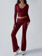 V-Neck Knit Crop Top and Flare Pants Set - View 10 | WEUXS