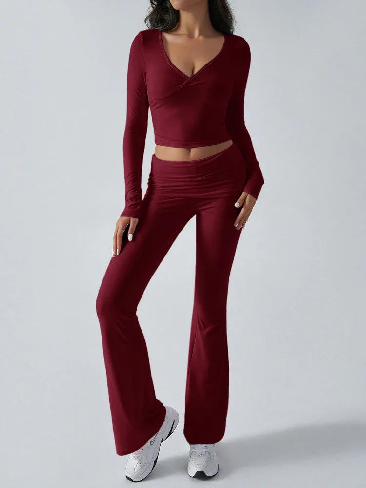 V-Neck Knit Crop Top and Flare Pants Set - View 10 | WEUXS