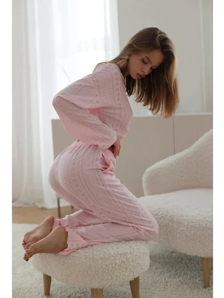 Coquette Aesthetic Pink Eyelet Lounge Set - WEUXS