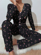 Tulip Floral Ribbed Henley Pajama Set - WEUXS