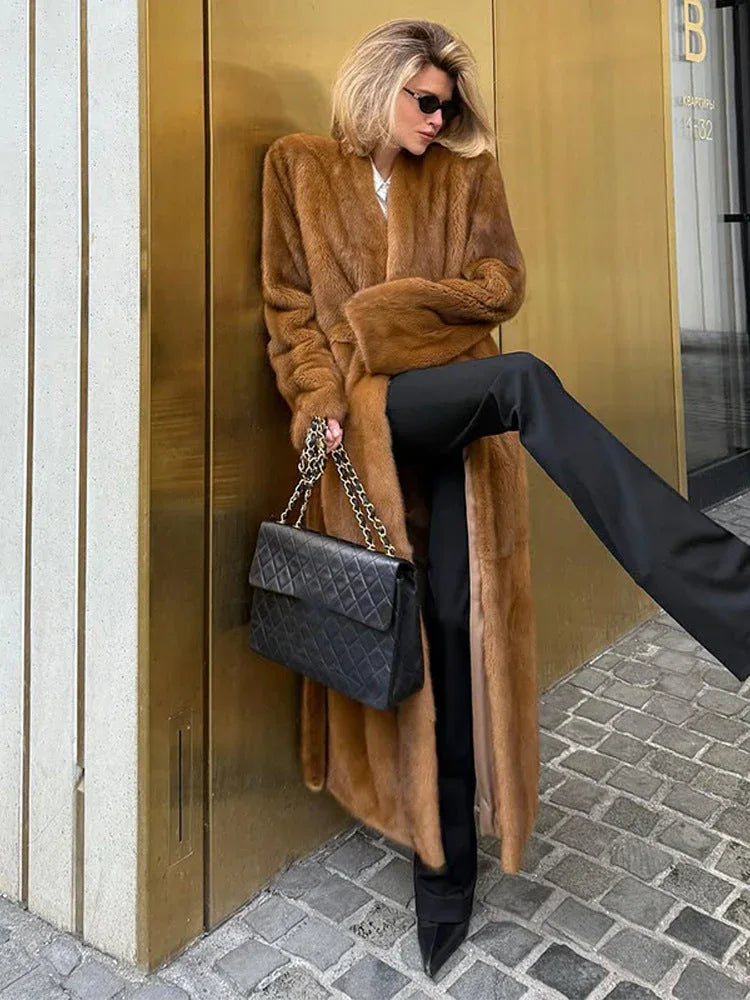 Opulent Caramel Faux Mink Maxi Coat - WEUXS