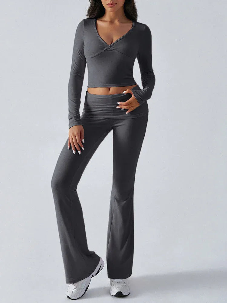 V-Neck Knit Crop Top and Flare Pants Set - View 25 | WEUXS