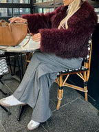 Vamp Burgundy Shaggy Faux Fur Cropped Jacket - WEUXS