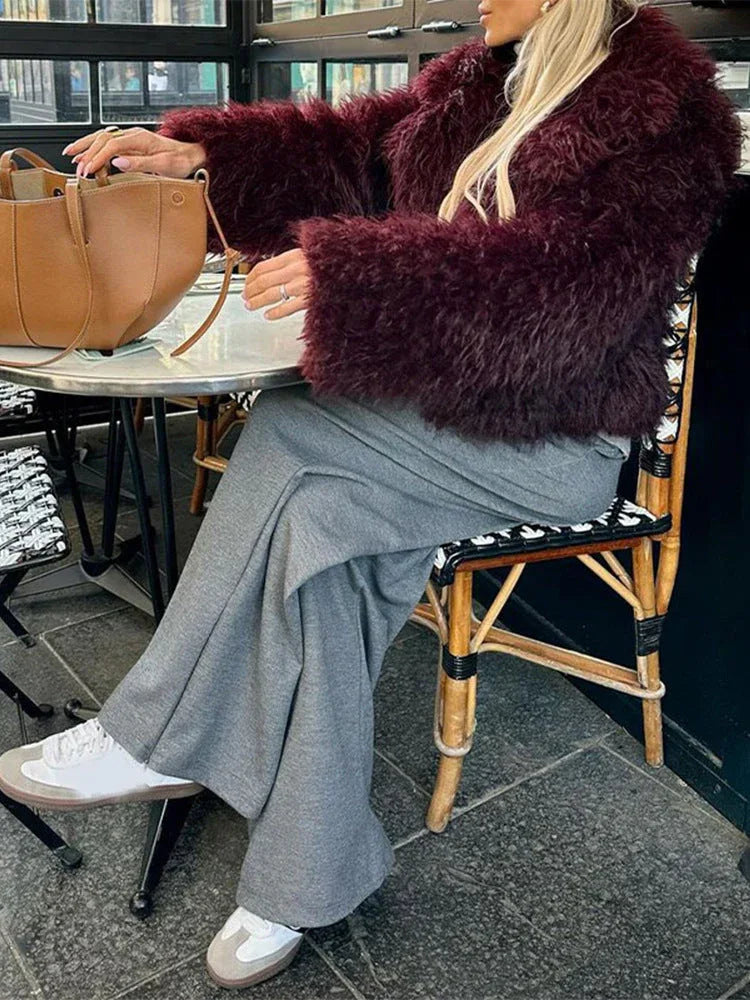 Vamp Burgundy Shaggy Faux Fur Cropped Jacket - WEUXS