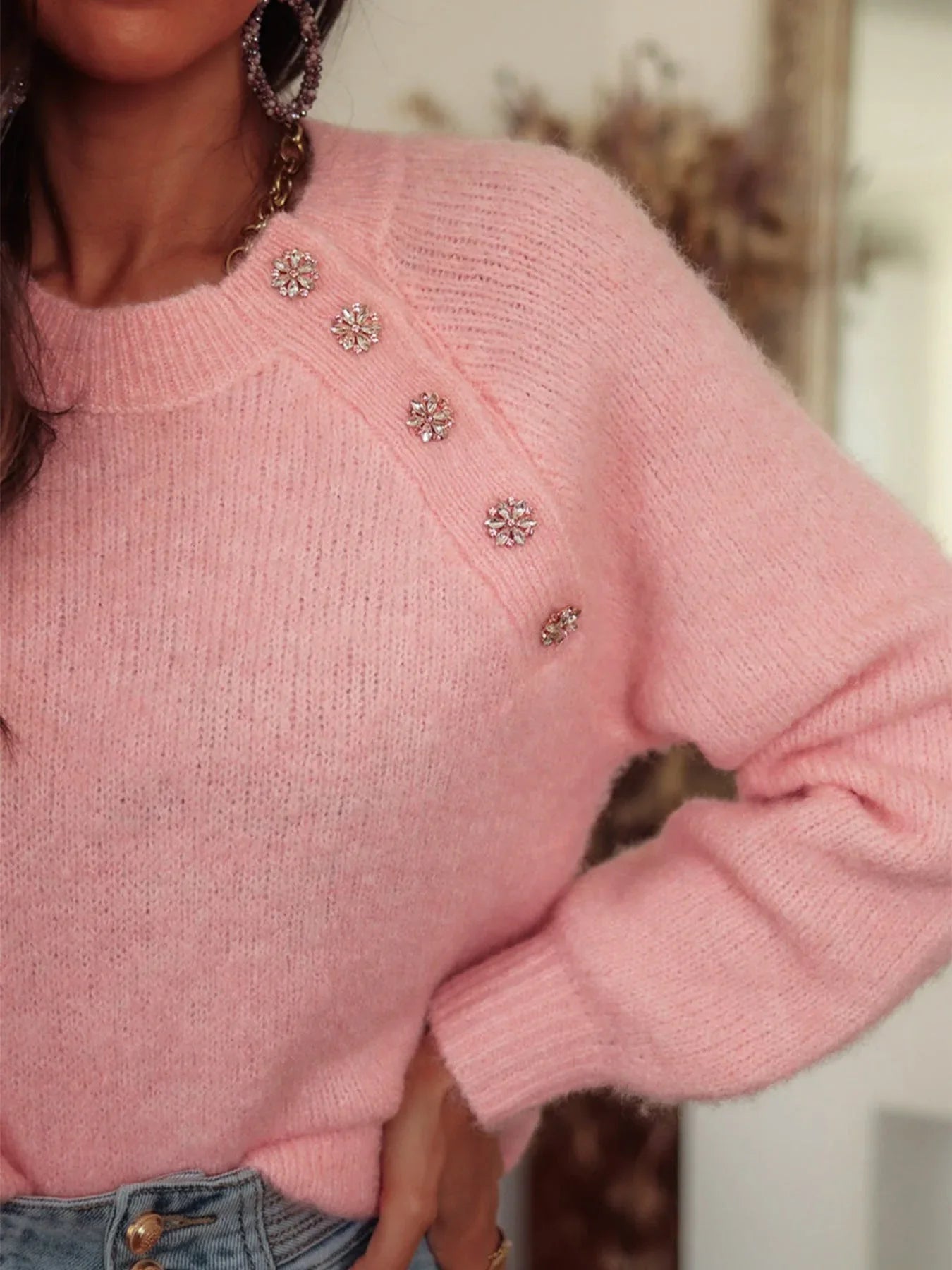 Jeweled Button Raglan Knit Sweater | WEUXS Secondary image