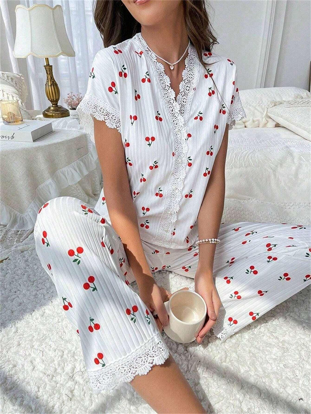 Ribbed Cherry Pajama Set - View 24 | WEUXS