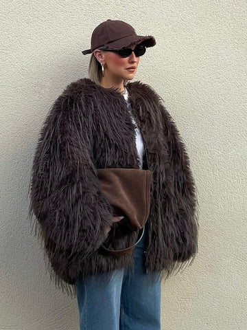 Luxe Espresso Shaggy Faux Fur Round Neck Jacket - WEUXS