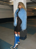 Icy Blue Mongolian Style Shaggy Faux Fur Jacket - WEUXS