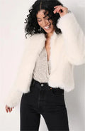 Cream faux fur cropped jacket - View 9 | WEUXS