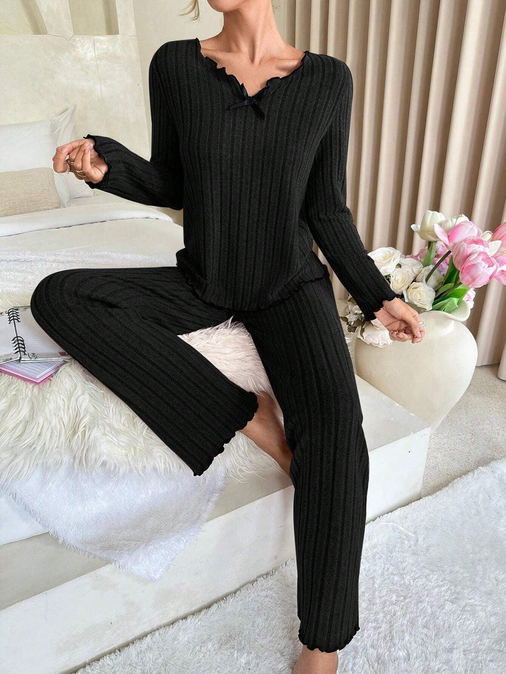Ribbed Pajama Set with Contrast Trim and Bow - View 11 | WEUXS