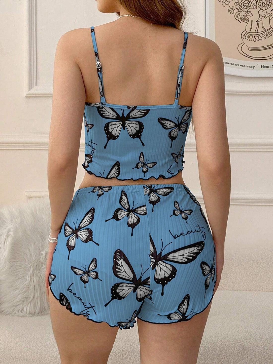 Blue Butterfly Print Ribbed Cami & Shorts Set