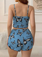 Back view of blue butterfly print pajama set