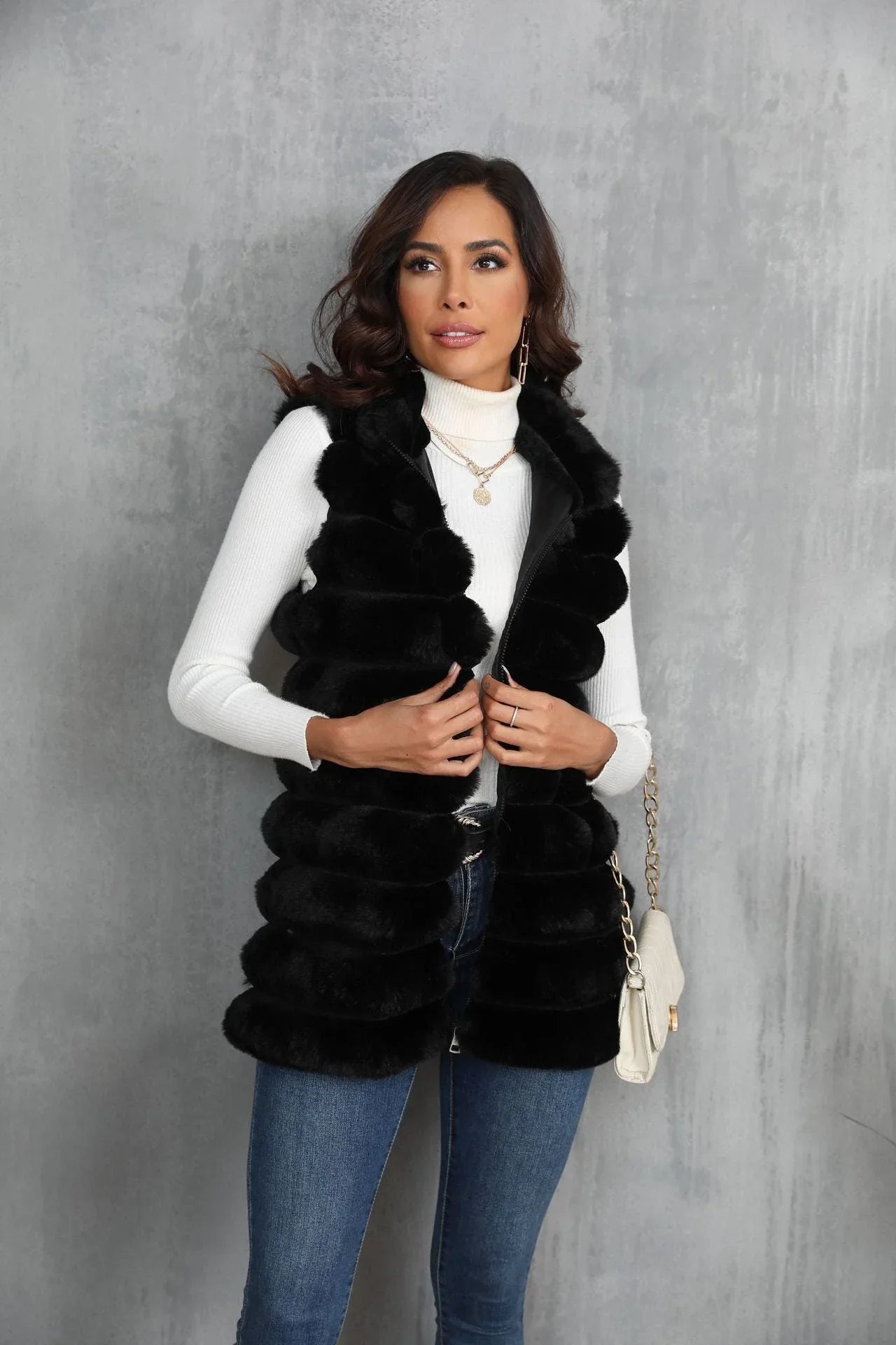 Opulent Onyx Tiered Faux Fur Vest - WEUXS