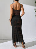 White crochet fringe maxi dress on a model - View 6 | WEUXS