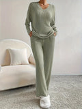 Serenity Blue Ribbed Knit Two-Piece Lounge Set - WEUXS