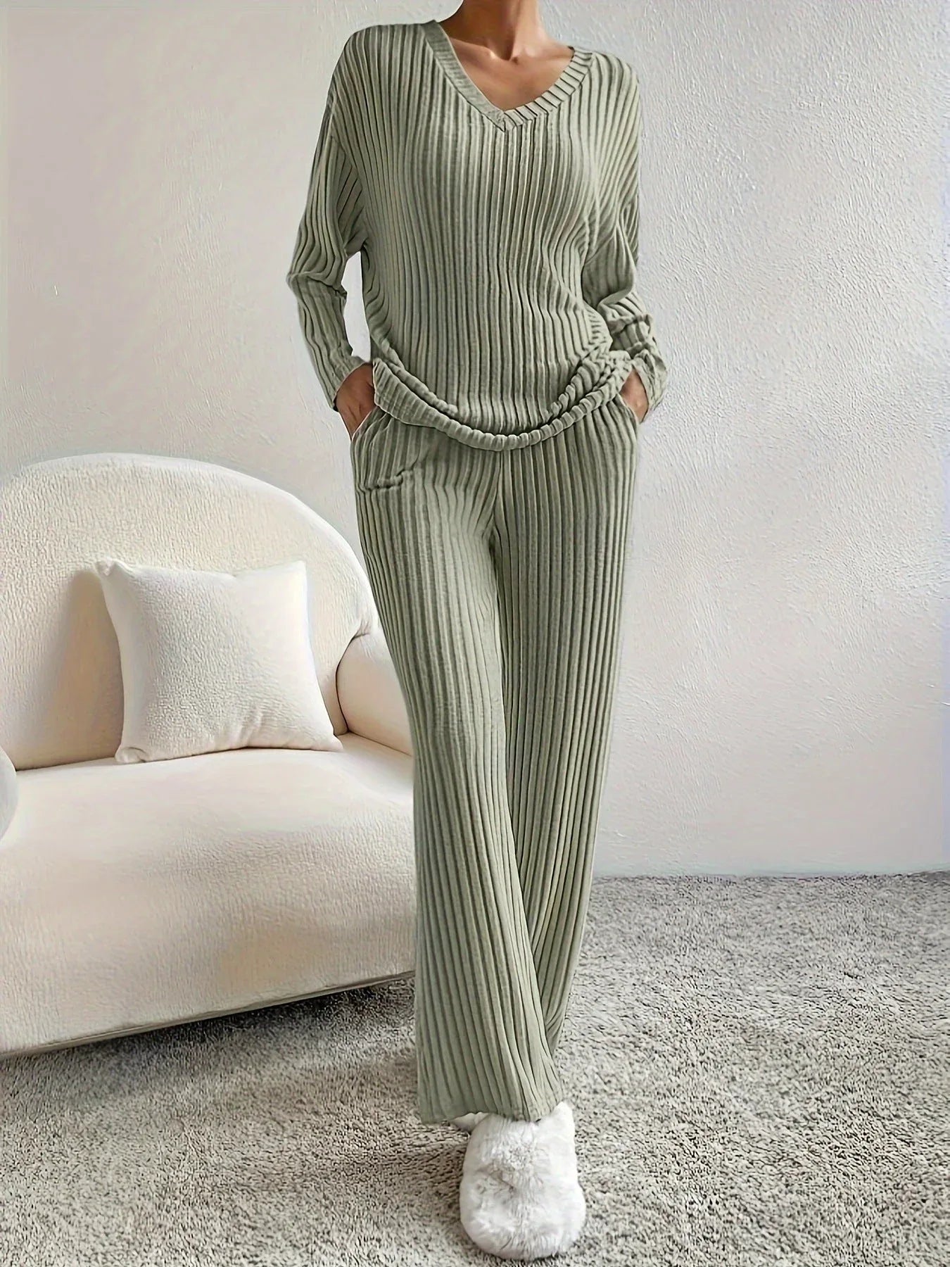Serenity Blue Ribbed Knit Two-Piece Lounge Set - WEUXS