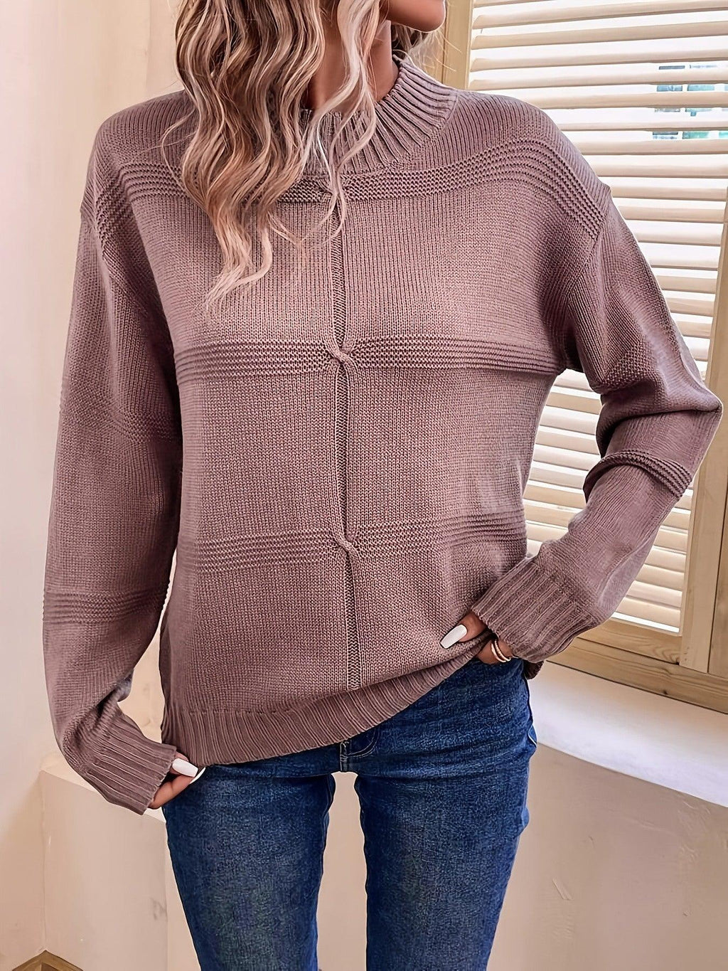 Dusty Rose Textured Mock Neck Knit Sweater - WEUXS