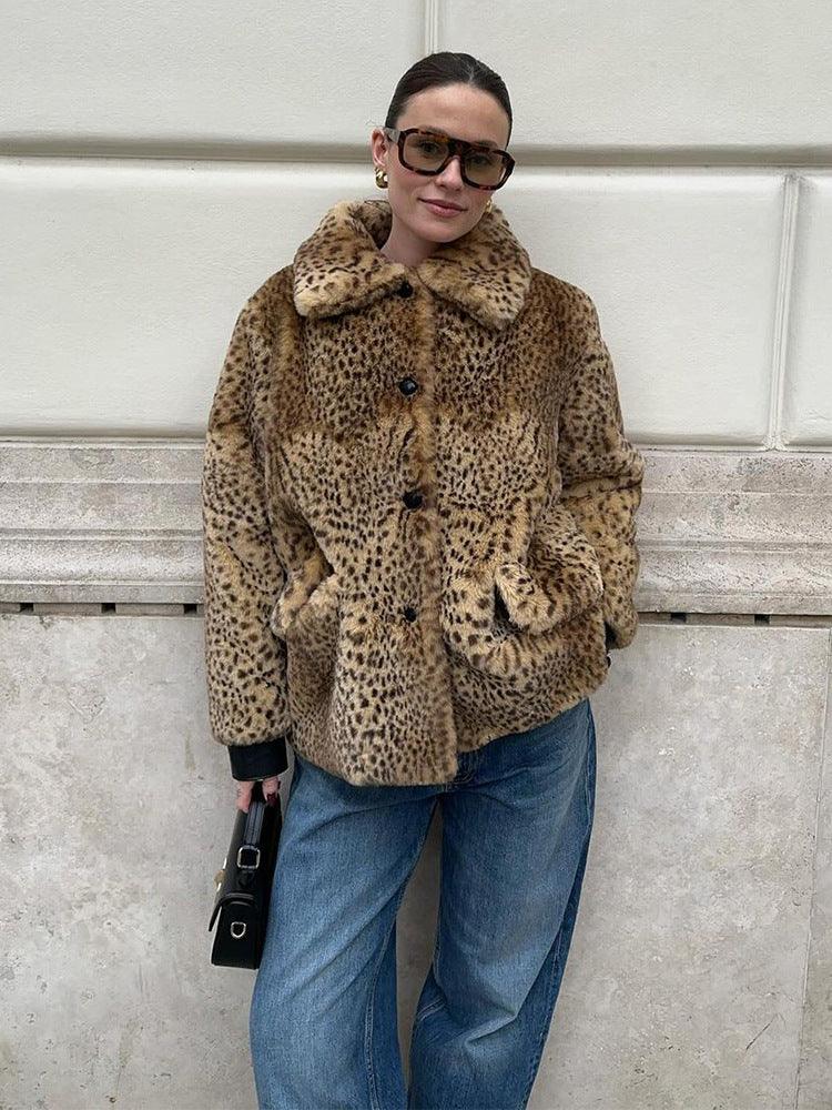 Vintage Leopard Print Faux Fur Jacket - WEUXS
