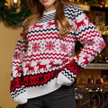 Close-up of a red and white Christmas sweater with a festive pattern