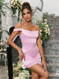 Off Shoulder Satin Mini Dress - View 15 | WEUXS