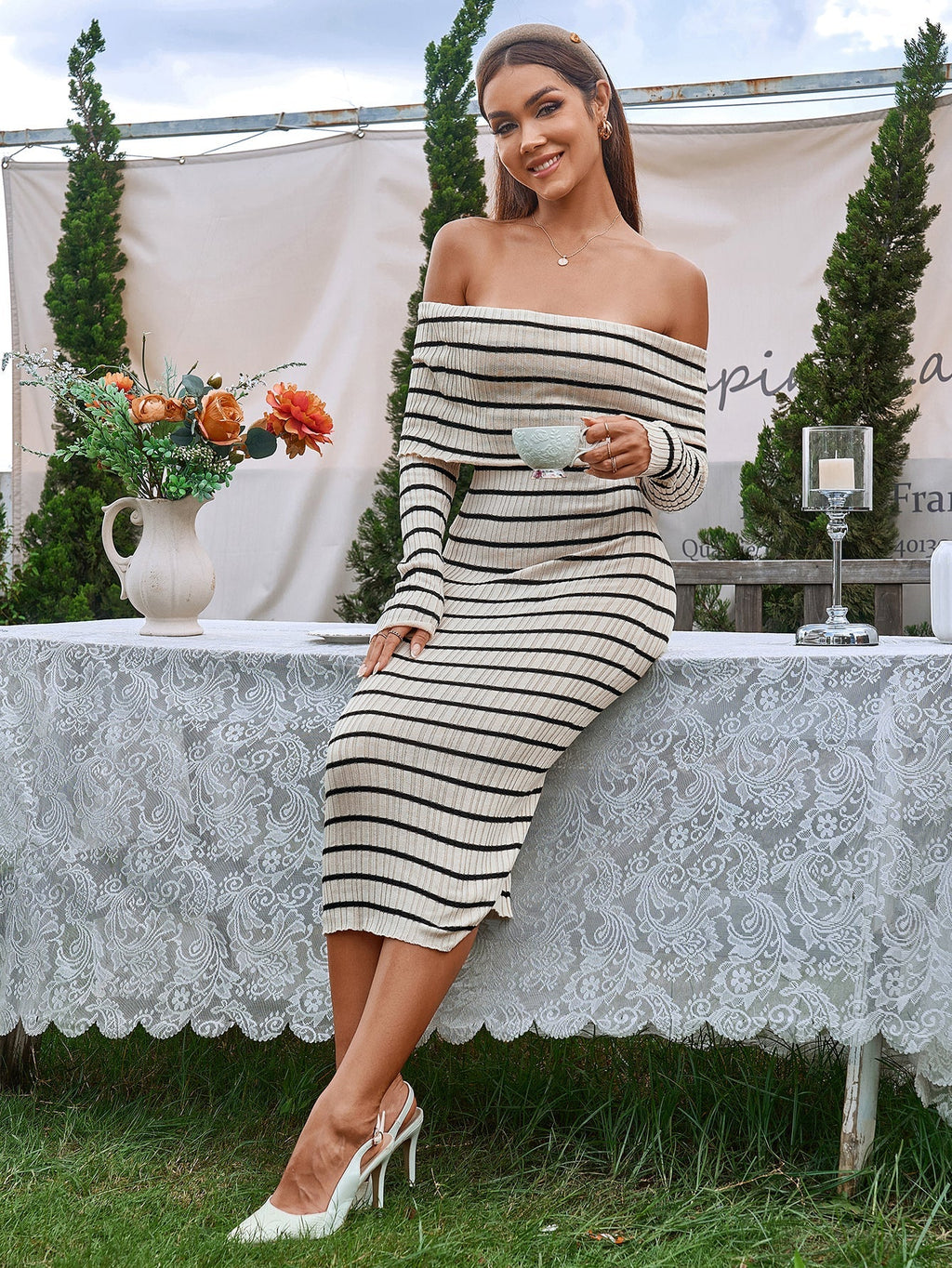 Off Shoulder Knit Midi Dress - View 6 | WEUXS