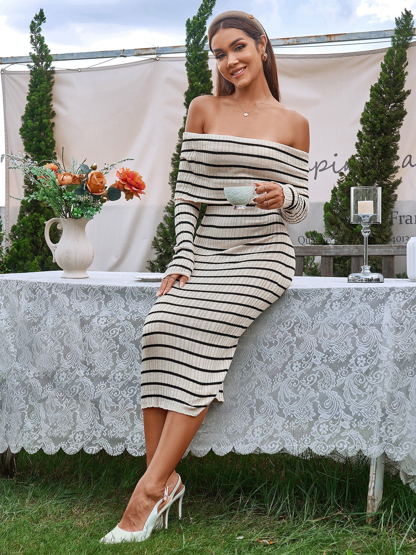 Off Shoulder Knit Midi Dress - View 6 | WEUXS