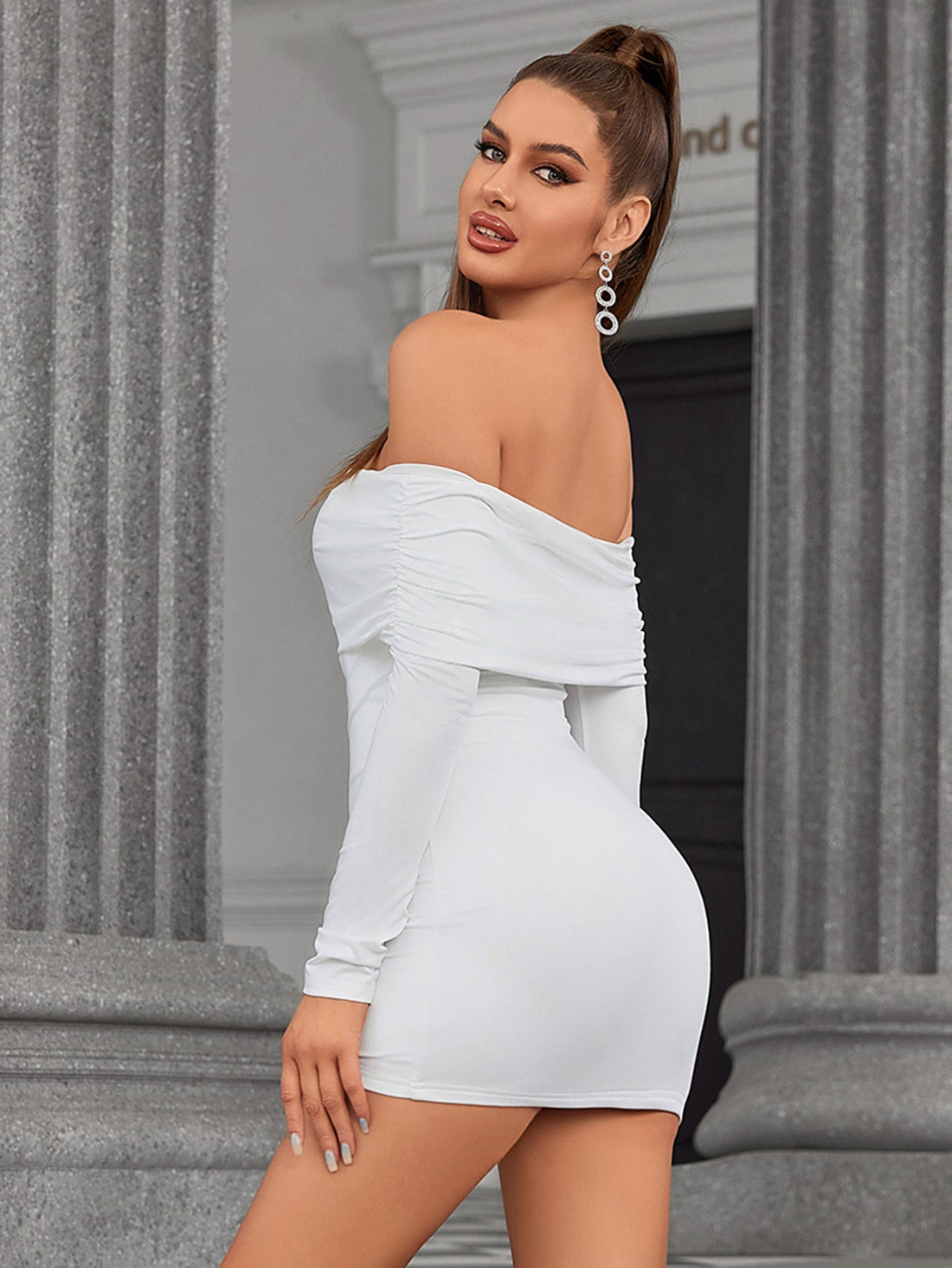 White off-the-shoulder ruched mini dress with lace-up corset waist and long sleeves
