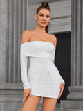 White off-the-shoulder ruched mini dress with lace-up corset waist and long sleeves
